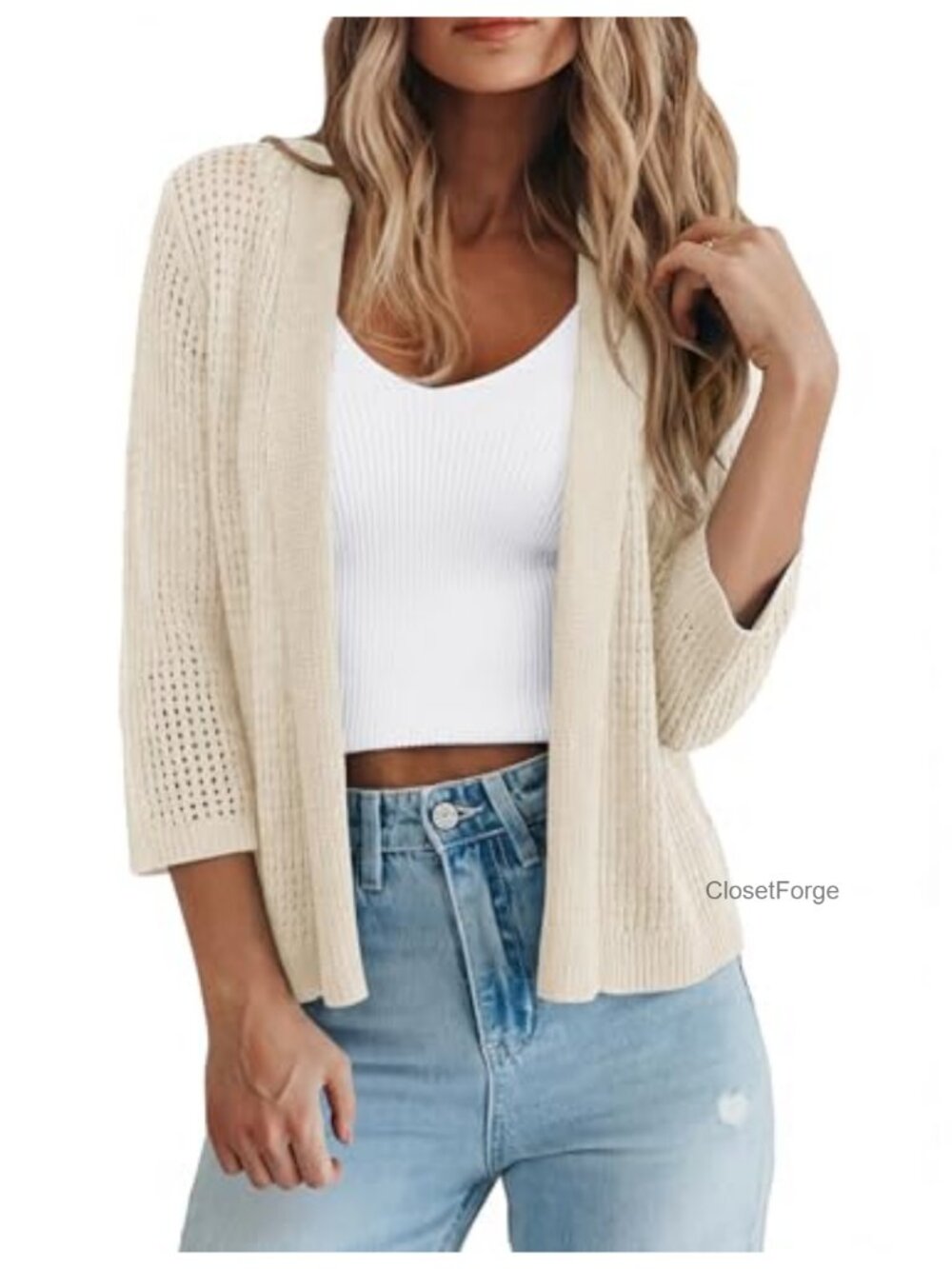 Women's 3/4 Sleeve Knit Shrug Cardigan Open Front Lightweight Crochet